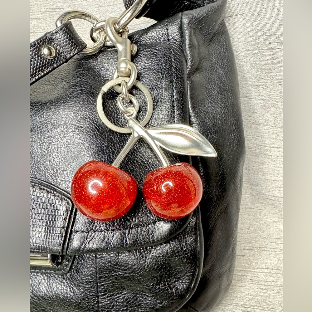 Cherry Bag Charm - Red Glitter and Silver with Dog Leash Clip & Keychain - 5”